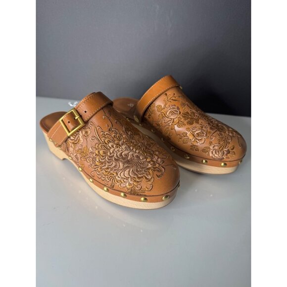 Johnny Was Leather Embroidered Clogs Platform Stud Wood Heel Size 6 New - Picture 4 of 7